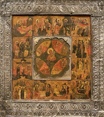 58.The Holy Virgin of the Burning Bush with Scenes from Her Life. Basma silver. Begin of 19th century.
